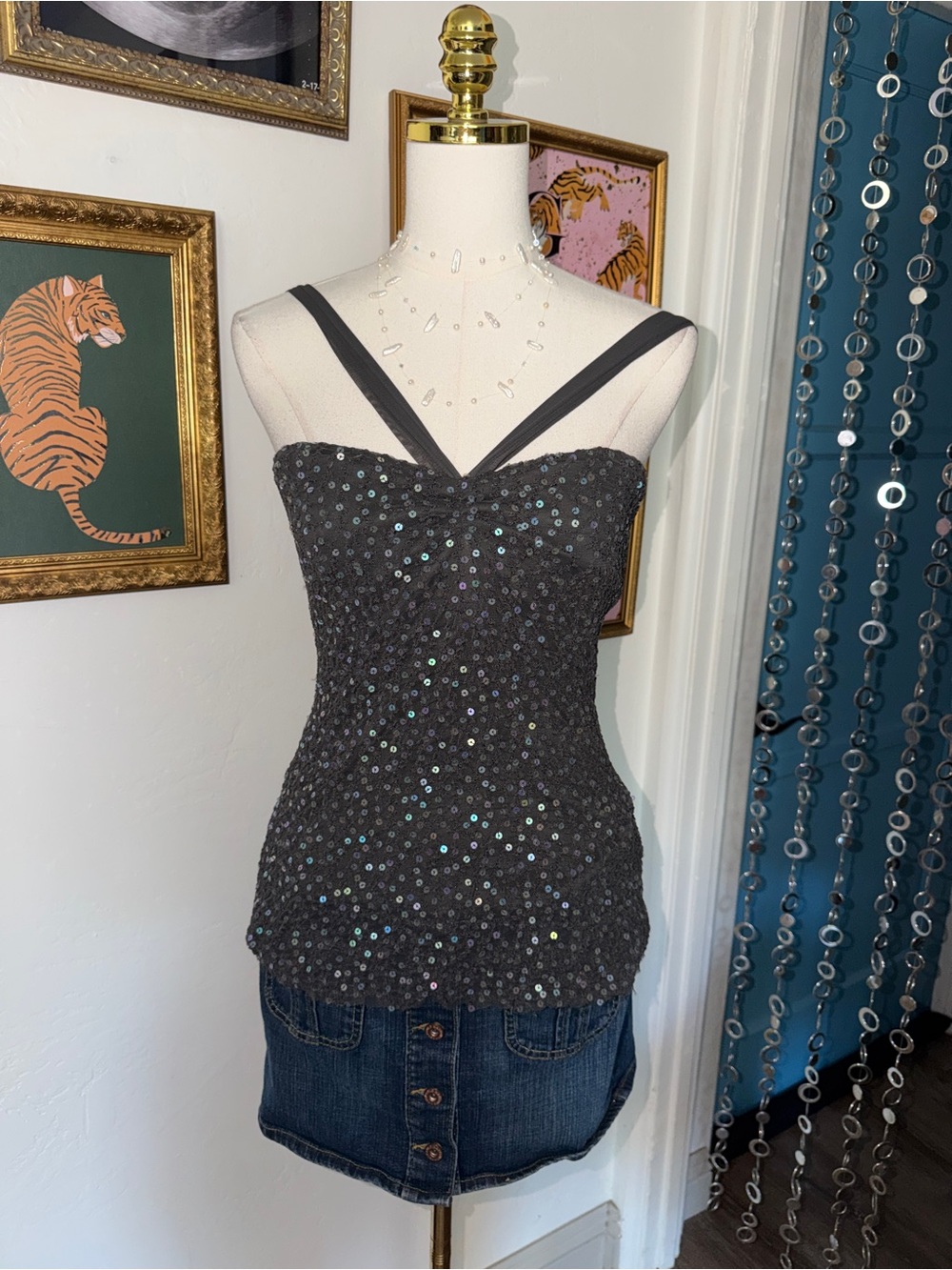 vintage Y2K Women’s Charcoal Sequin Strap Tank Top